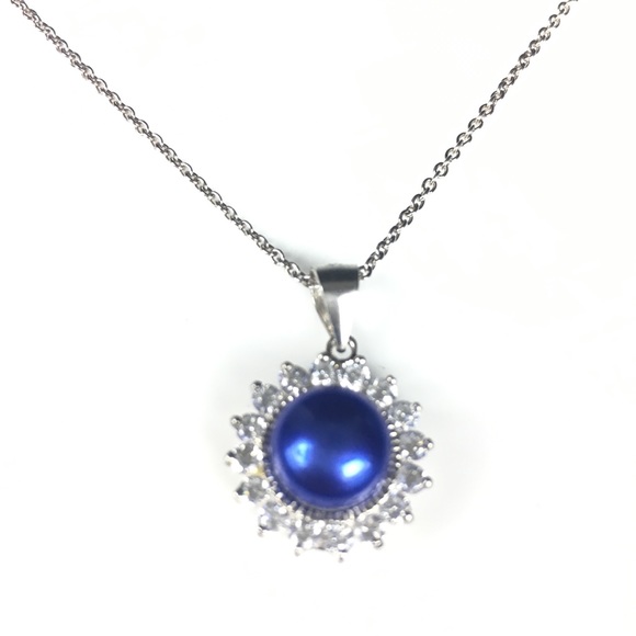 925 Silver Blue Pearl CZ Crystal Pendant Necklace - Picture 2 of 7